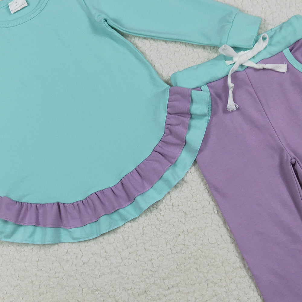RTS NO MOQ （In stock）GLP2402 Baby Girls Winter Outfits Baby Girls Aqua Long Sleeves Ruffle Top Lavender Pockets Legging Pants Sets