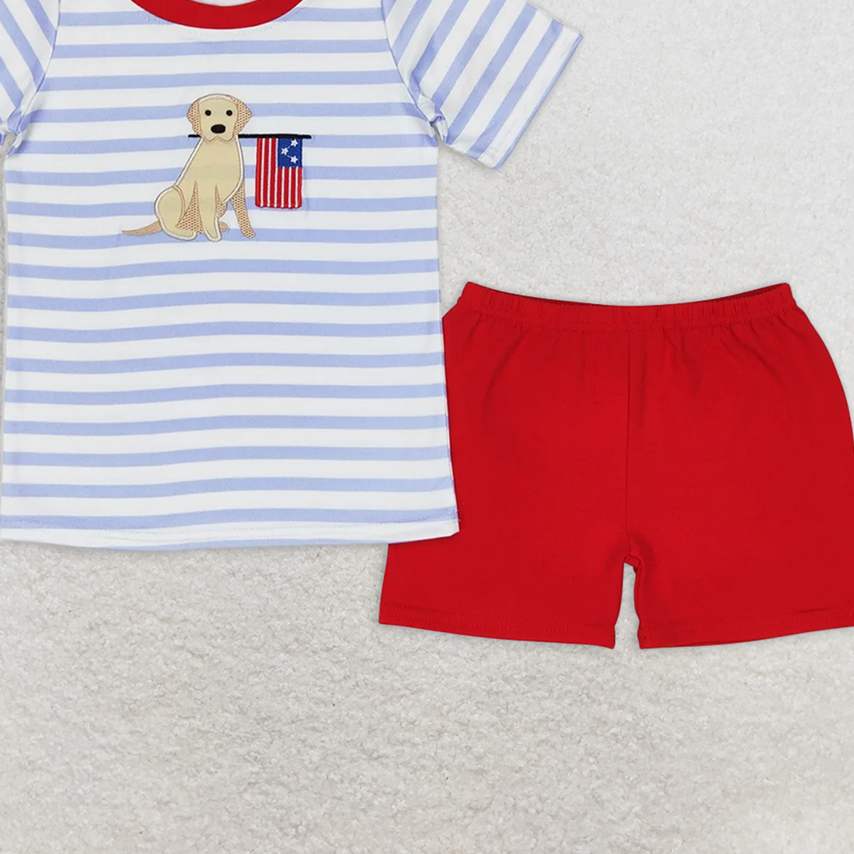 BSSO0619 RTS NO MOQ Baby Boys Summer Boys Outfits Embroidery Baby Boys 4th Of July Dog Flag Shirt Red Shorts Clothes Sets