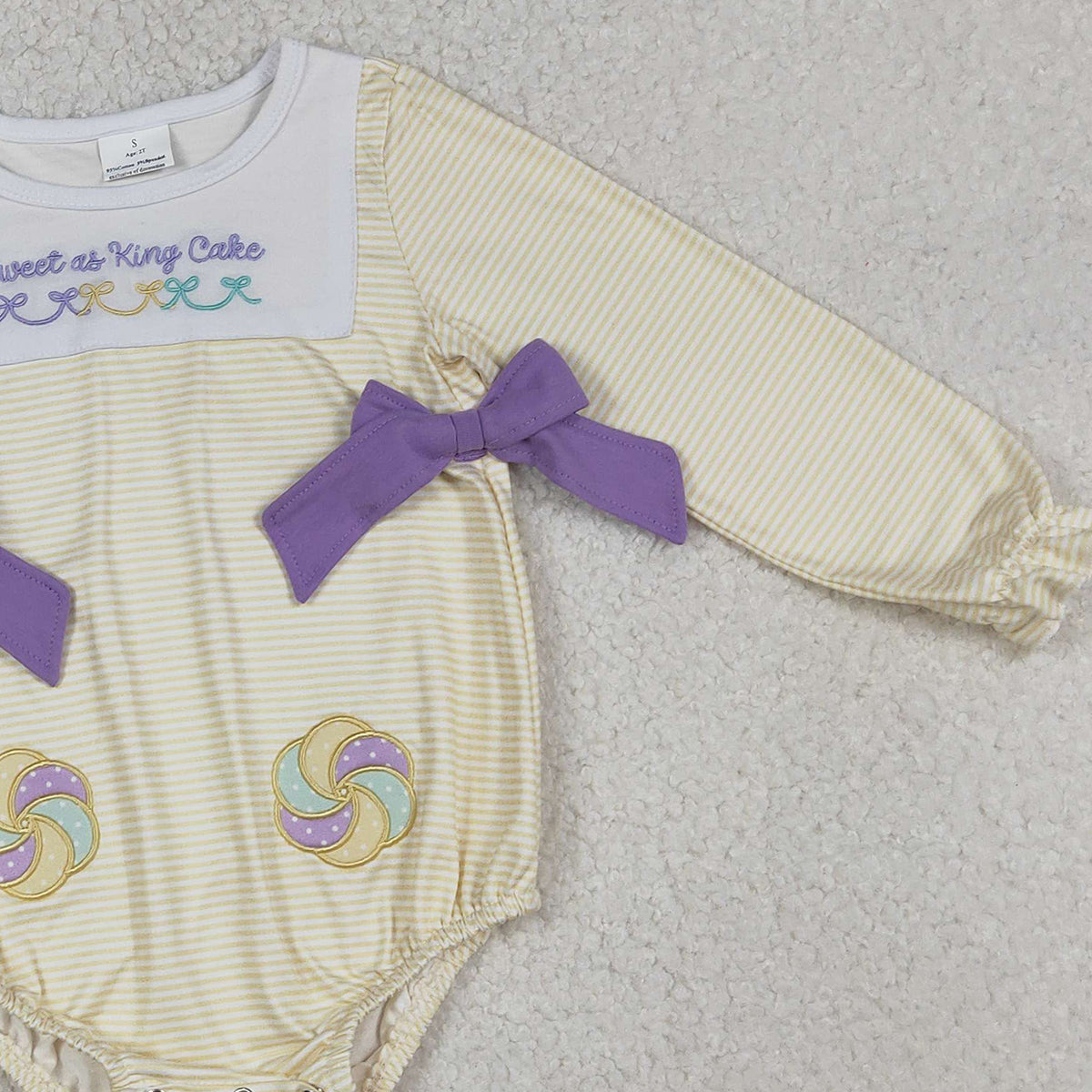 1.8 RTS NO MOQ （In stock）LR2770 Baby Girls Winter Rompers Embroidery Sweet as King Cake Baby Girls Mardigras Stripe Ruffle Rompers