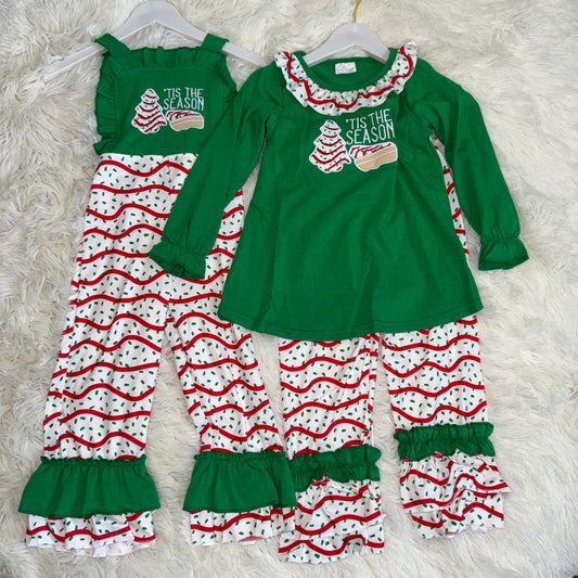 11.22 RST Sibling Baby Girls Embroidery Stripe Trees Tunic Ruffle Pants Christmas Clothes Sets Jumpsuits