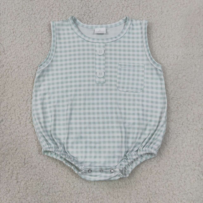 SR4234 RTS NO MOQ （In stock）Baby Kids Sleeveless Light Green Checked Button Pocket Rompers