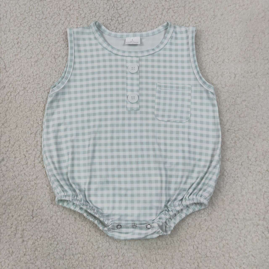 SR4234 RTS NO MOQ （In stock）Baby Kids Sleeveless Light Green Checked Button Pocket Rompers
