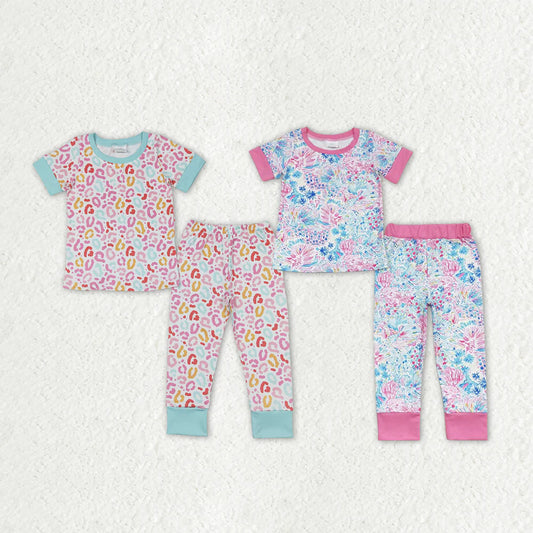 2.27 RTS Sibling Baby Girls Short Sleeve Floral Leopard Top Pants Pajamas Clothes Sets