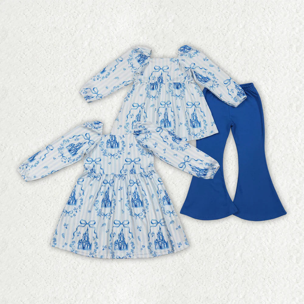1.20 RTS Sibling Baby Girls Blue Stripe Bows Castles Tunic Bell Bottom Clothes Set Knee Length Dresses