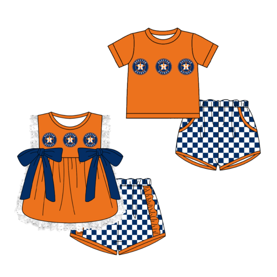CUSTOM MOQ 5 Cute Comfortable Clothing For Kids Sibling Boys Baby Girls Summer Orange Bow Top Checked Shorts Team Clothes Sets
