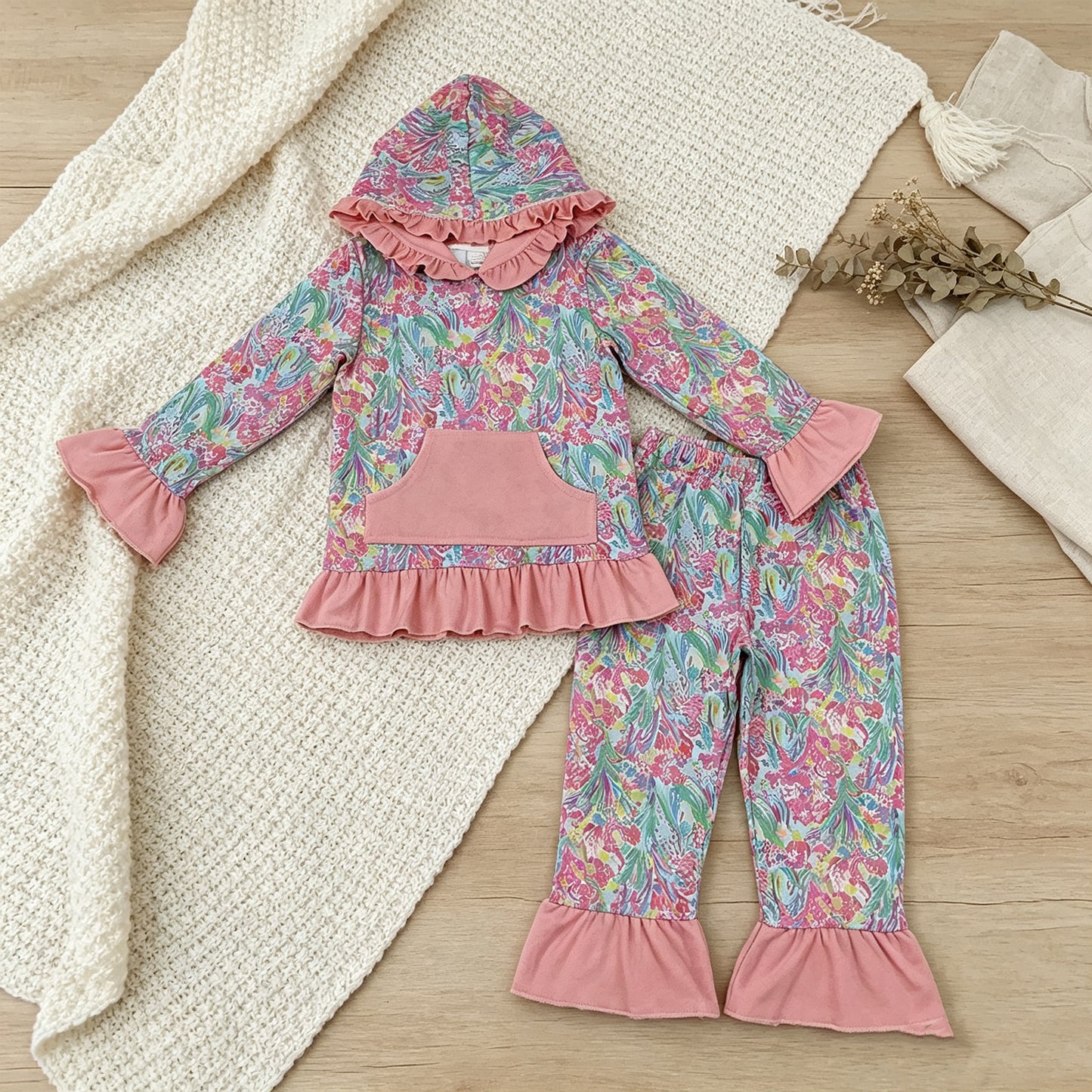 RTS NO MOQ milk silk GLP3519 Baby Girls Sea Plants Pocket Ruffle Hoodie Top Pants Sets
