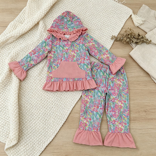 RTS NO MOQ milk silk GLP3519 Baby Girls Sea Plants Pocket Ruffle Hoodie Top Pants Sets