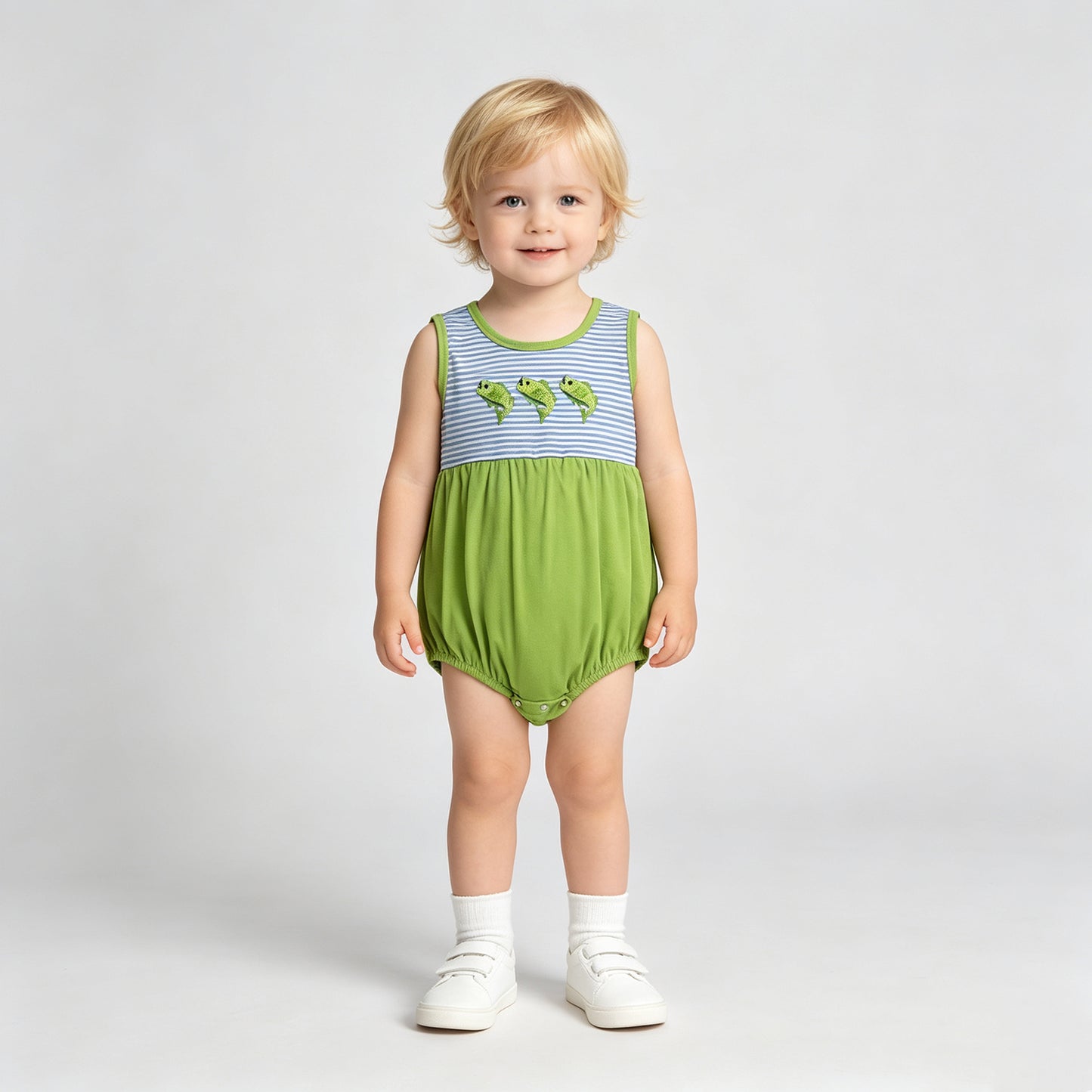 SR4139 RTS NO MOQ （In stock）Embroidery Fishes Baby Boys Sleeveless Fishing Hunting Stripe Rompers