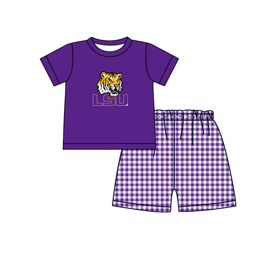 CUSTOM MOQ 5 Sibling Boys Baby Girls Purple Top Ruffles Shorts Clothes Set Knee Length Dress Rompers