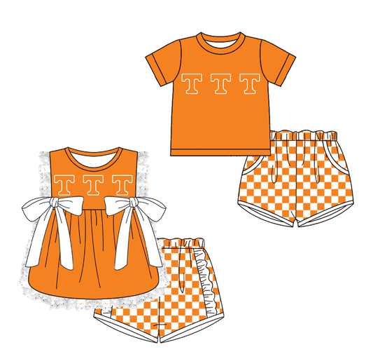 CUSTOM MOQ 5 Cute Comfortable Clothing For Kids Sibling Boys Baby Girls Summer Orange T Top Checked Shorts Team Clothes Sets