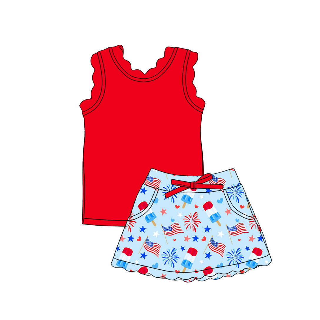 CUSTOM MOQ 5 Baby Girls Red Flag Star Sleeveless Top Skirt Shorts Yoga Active Clothes Sets