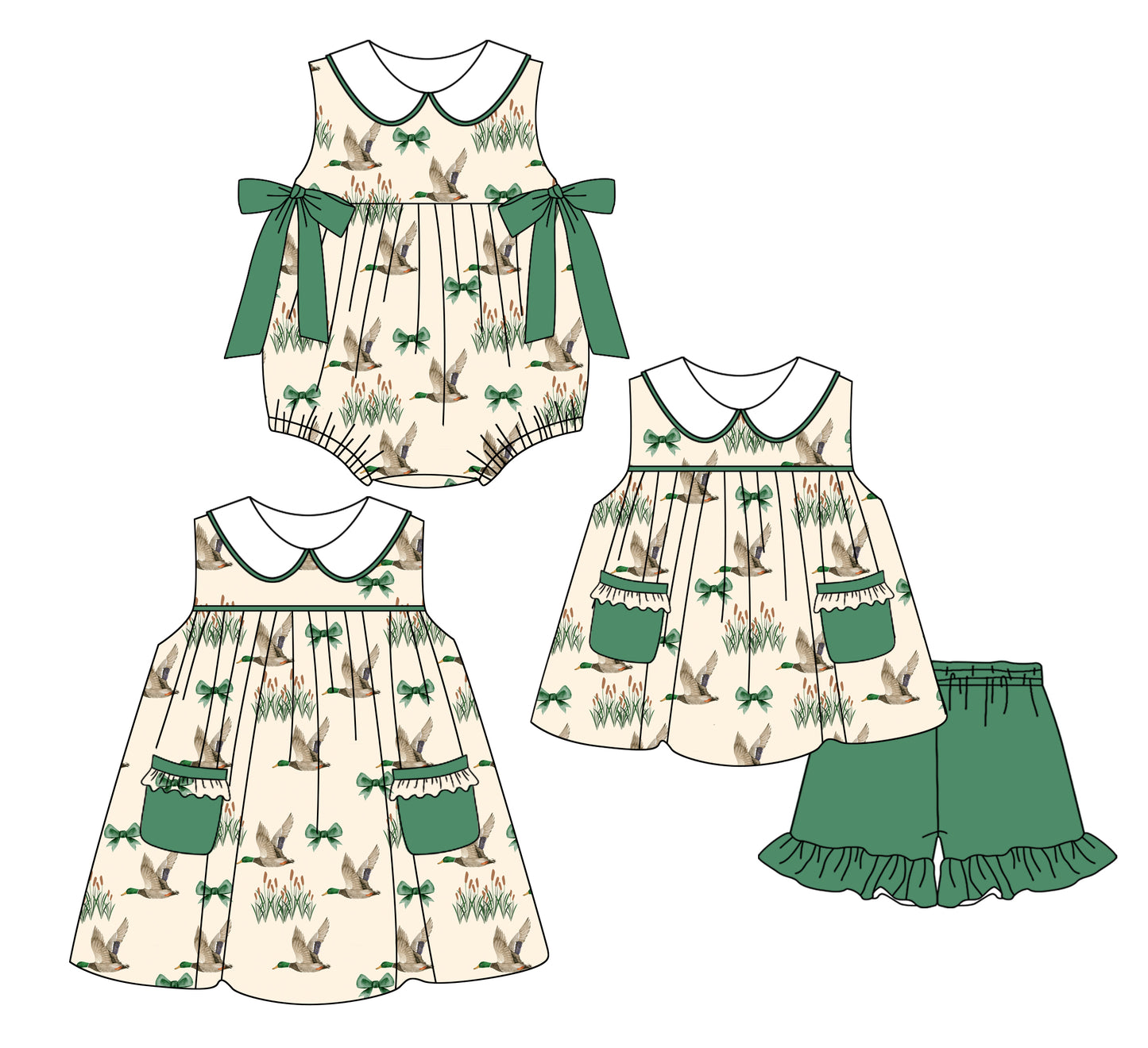 Girls Sleeveless Bow Duck Tunic Shorts Set Cute Green Clothing Outfit for Kids