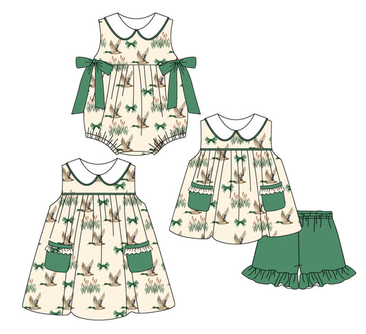 Girls Sleeveless Bow Duck Tunic Shorts Set Cute Green Clothing Outfit for Kids