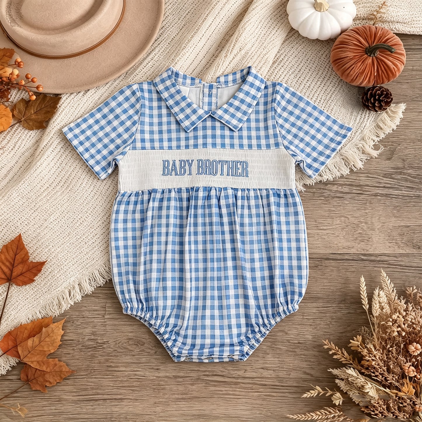 SR4231 RTS NO MOQ （In stock）milk silk Smocked Baby Blue Check Short Sleeve Casual Rompers