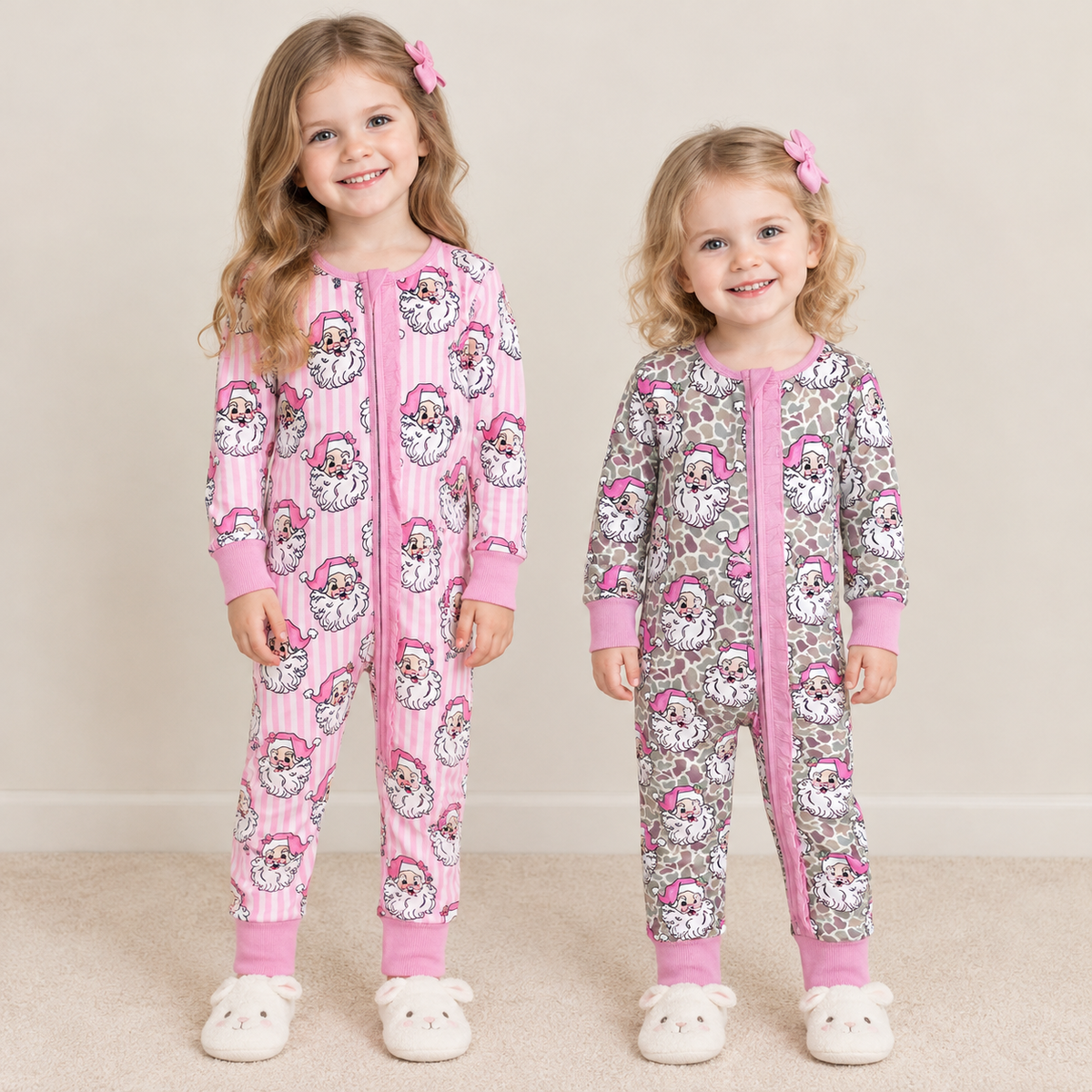 RTS NO MOQ Sibling milk silk Baby Girls Pink Santa Print Zipper Long Sleeve Christmas Romper
