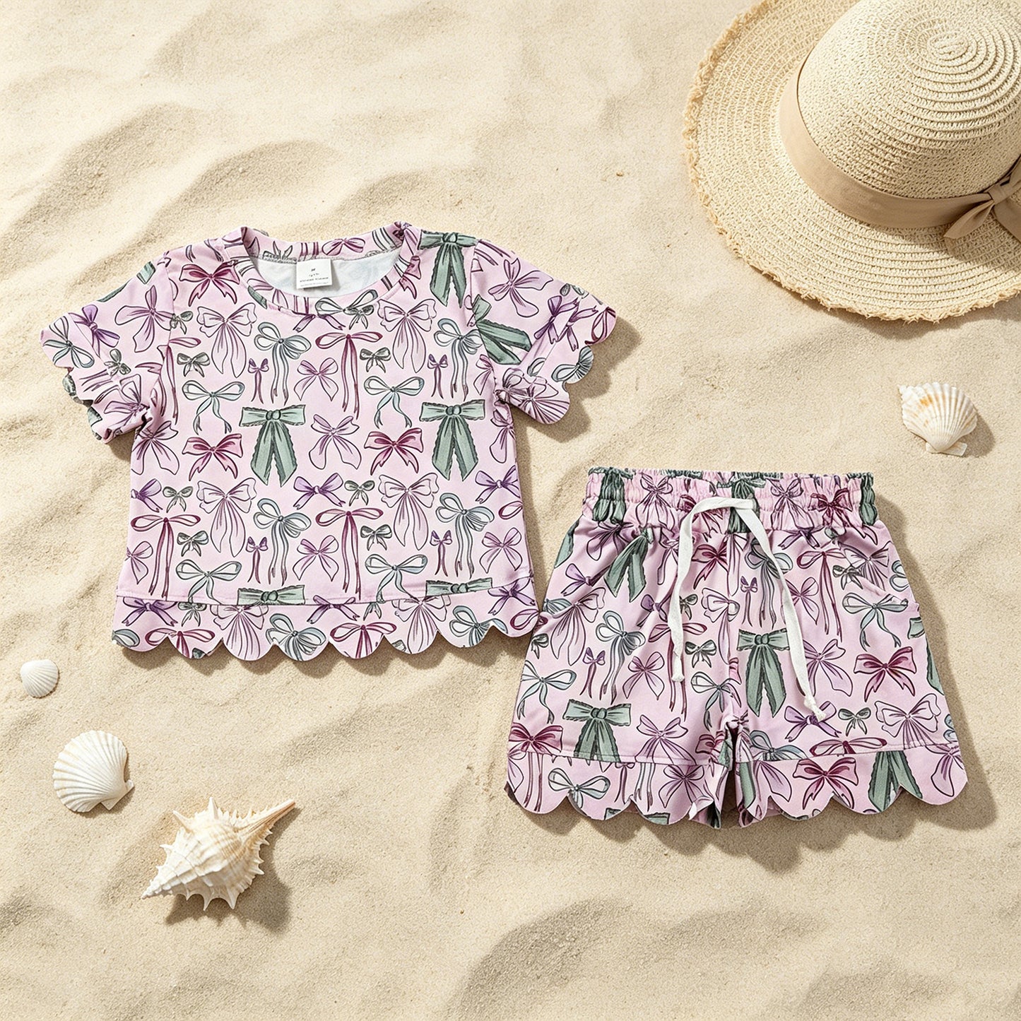 GSSO3409 RTS NO MOQ （In stock ）Short sleeves bows scallop top shorts girls summer clothes
