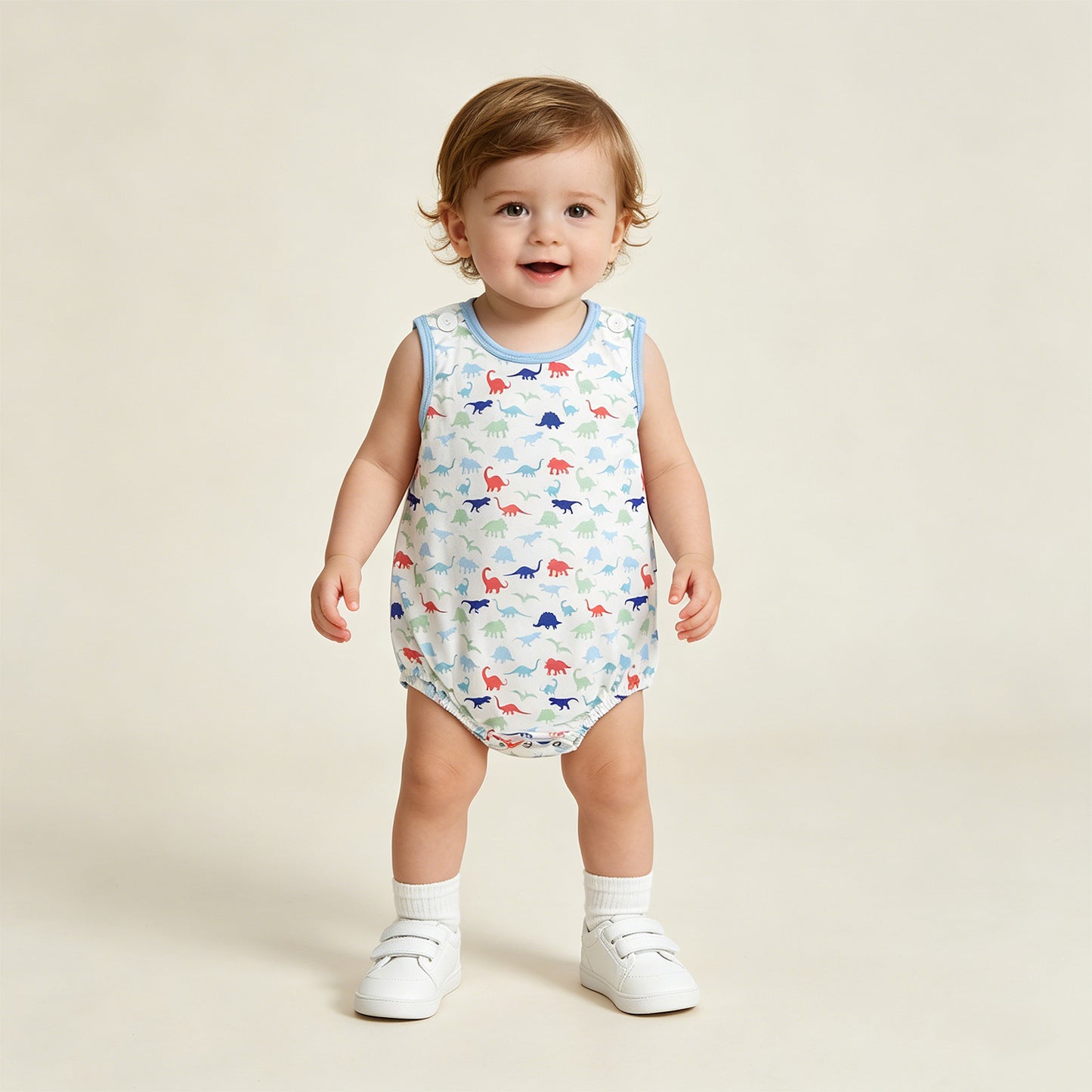 SR4096 RTS NO MOQ （In stock）Sleeveless dinosaur baby boy summer romper
