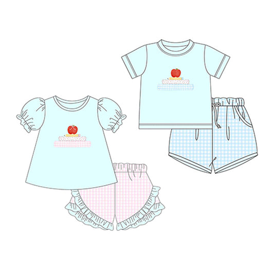Kids Apple Pattern Short-Sleeved Top And Plaid Shorts Set Cute Back-To-School Outfit for Boys And Girls