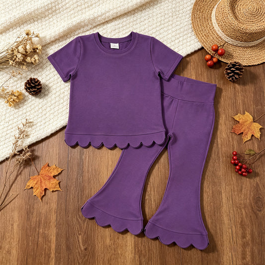 RTS NO MOQ （In stock）cotton GSPO2346（GT1776+P1084）Baby Girls Purple Short Sleeve Shirts Top Flare Pant Scallop Sets
