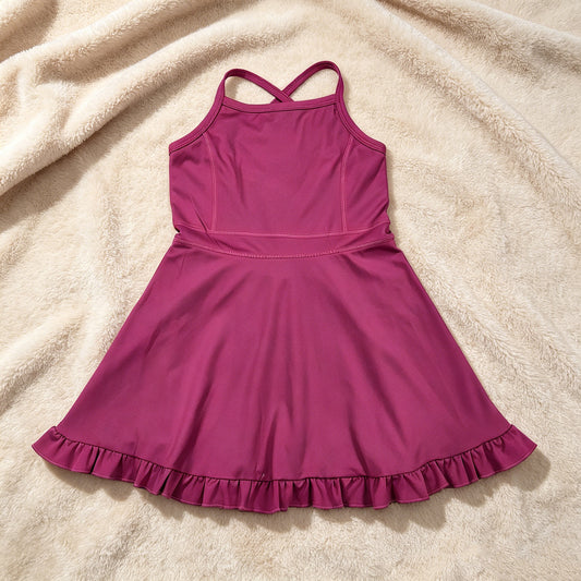 S0778 RTS NO MOQ （In stock）Dark pink straps ruffle baby girls summer active wear
