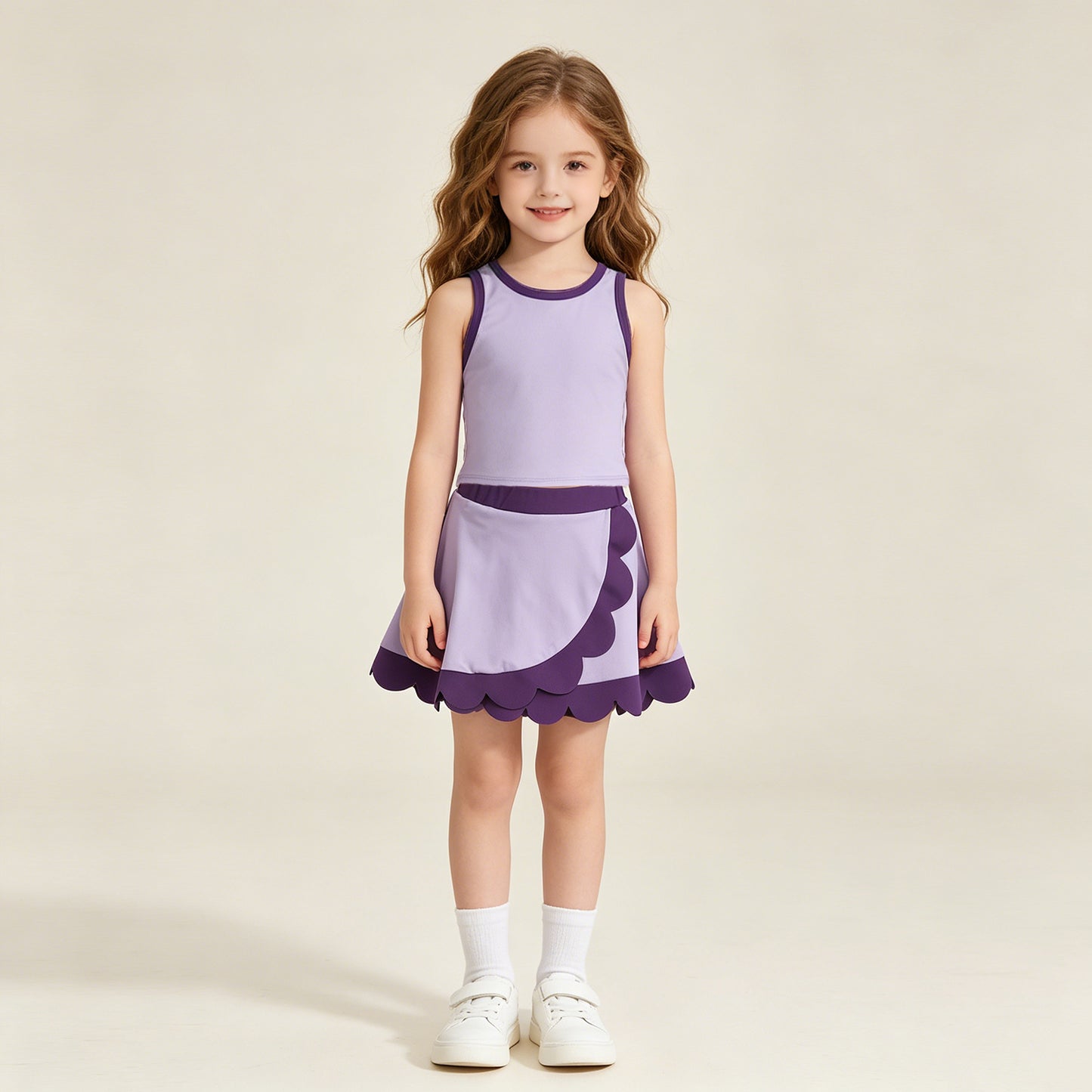 GSD4026 RTS NO MOQ （In stock）Baby Girls Sleeveless Purple Vest Scallop Skirt Short Yoga Active Clothes