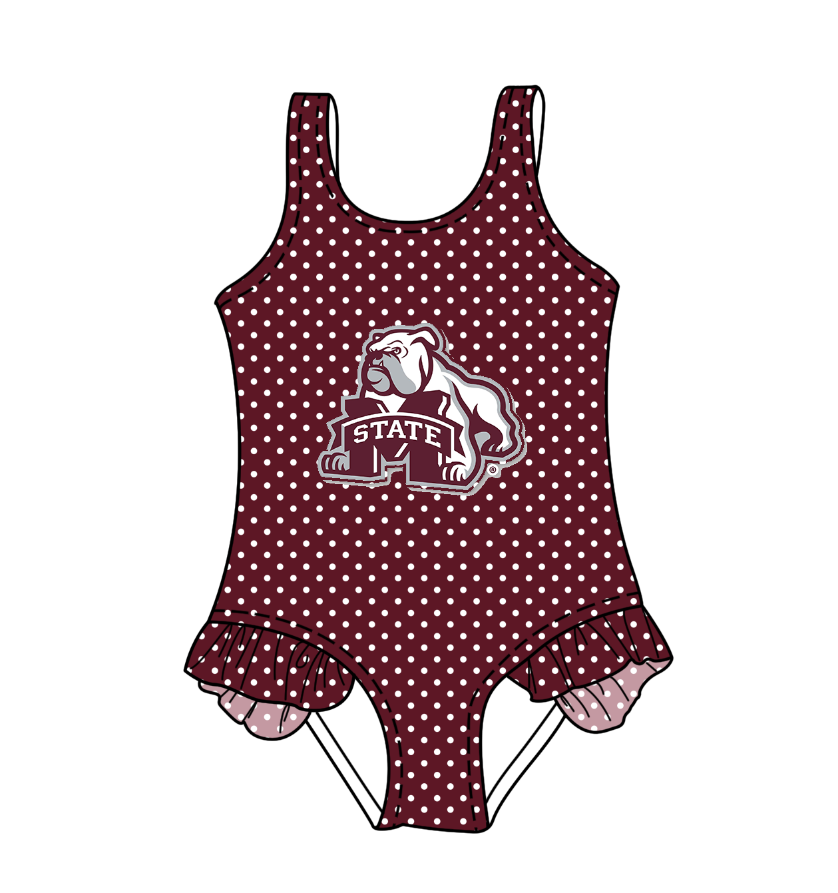 CUSTOM MOQ 5 Cute Comfortable Clothing For Kids Baby Girls Dark Red Polka Dots Ruffle Team One Piece Swimsuits