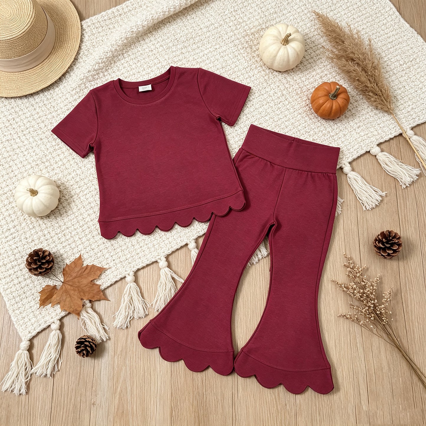 RTS NO MOQ （In stock）cotton GSPO2341（GT1771+P1079）Baby Girls Red Short Sleeve Shirts Top Flare Pant Scallop Sets