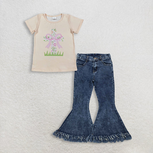 3.6 RTS NO MOQ （In stock）GT1397 + P0132 Baby Girls Short Sleeve Flowers Cross Easter T-shirts Top Denim Pants Jeans Clothes Sets