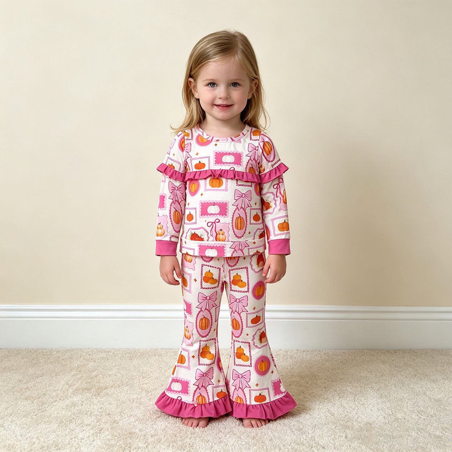 RTS NO MOQ milk silk GLP3504 Baby Girls Pumpkin Plaid Print Bow Long Sleeve Top Pants Set