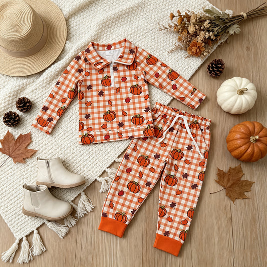 RTS NO MOQ （In stock）milk silk BLP1574（BT1895+P1198）Baby Boys Pumpkins Checked Print Half Zip Collar Long Sleeve Top Jogger Pant Set Casual Holiday Wear