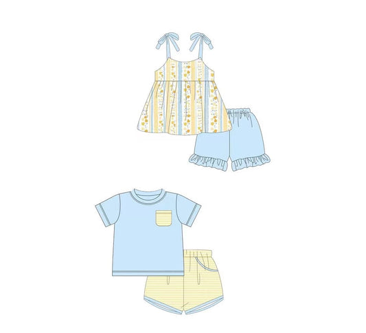 Girls Yellow Floral Tunic Ruffle Shorts Set with Straps - Spring Summer Children's Clothing Outfit