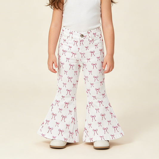 P1042 RTS NO MOQ （In stock ）Baby Girls Pink Bows Denim Pockets Bell Bottom Pants