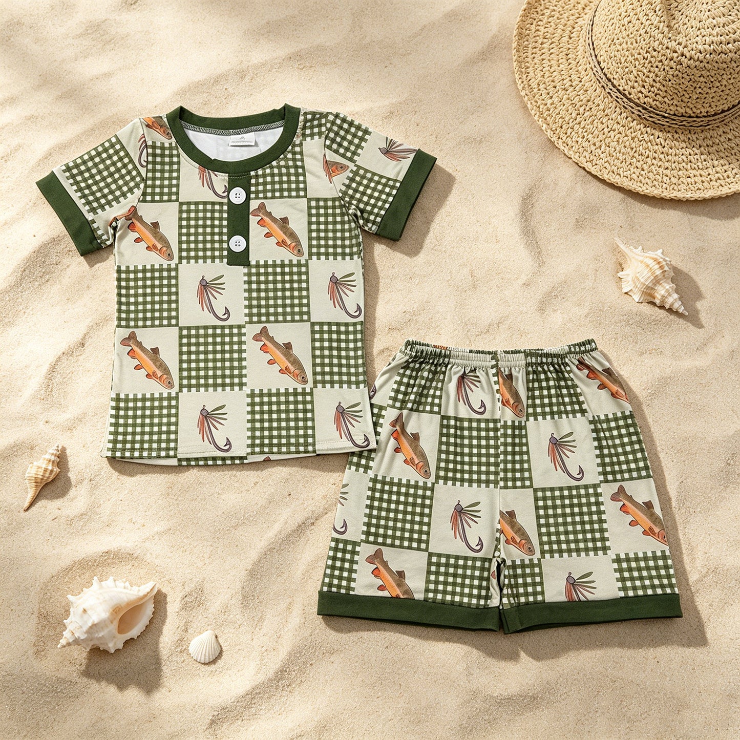 BSSO1817 RTS NO MOQ （In stock ）Short sleeves plaid fish top shorts kids boys outfits  ReviewsClothes（副本）