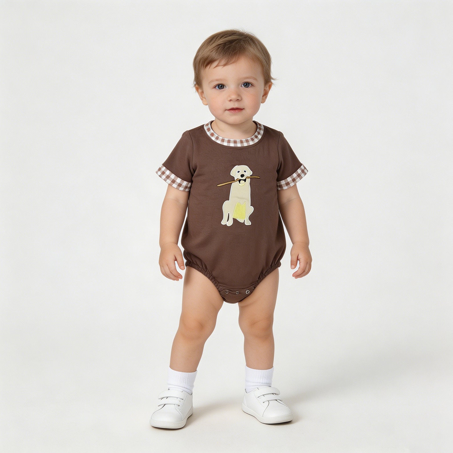 SR3470 RTS NO MOQ （In stock）Short sleeves brown dog embroidery kids boys summer romper