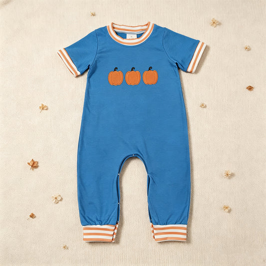 RTS NO MOQ （In stock）milk silk SR4285 Embroidery Pumpkins Baby Boys Short Sleeve Fall Pant Rompers