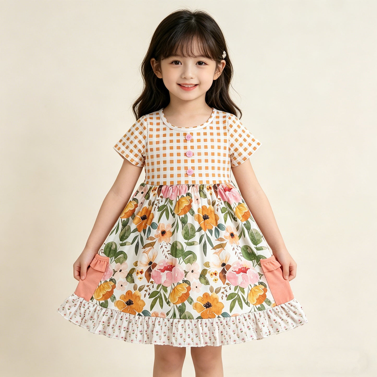 4.11 GSD4095 RTS NO MOQ （In stock ）Plaid short sleeves pocket ruffle kids girls summer dress