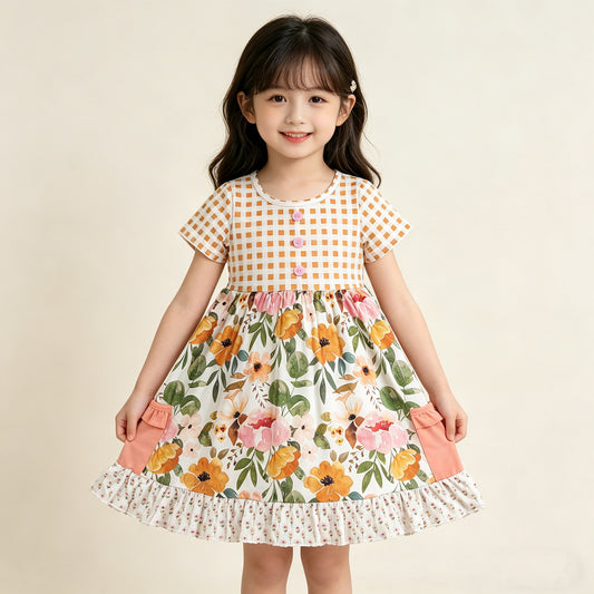 4.11 GSD4095 RTS NO MOQ （In stock ）Plaid short sleeves pocket ruffle kids girls summer dress