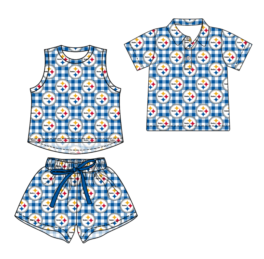 3.16 CUSTOM MOQ 5 Sibling Boys Baby Girls Summer Fashion Blue Check Sleeveless Top Shorts Button Polo Shirts Team Clothes Sets