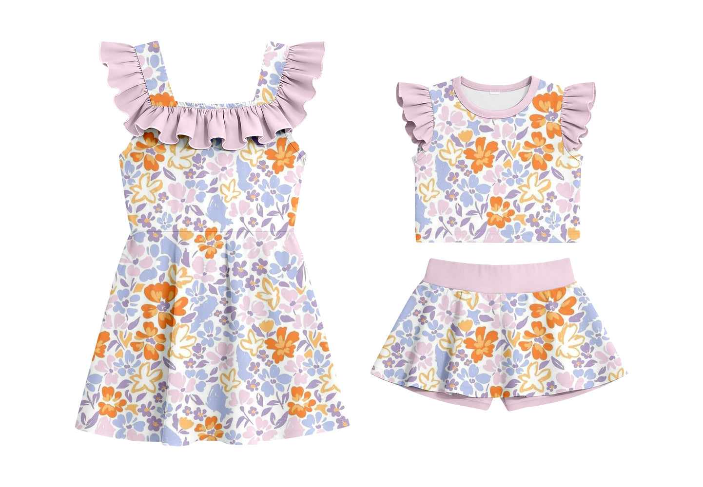 CUSTOM MOQ 5 Sibling Baby Girls Sleeveless Purple Flowers Shorts Set Knee Length Dresses