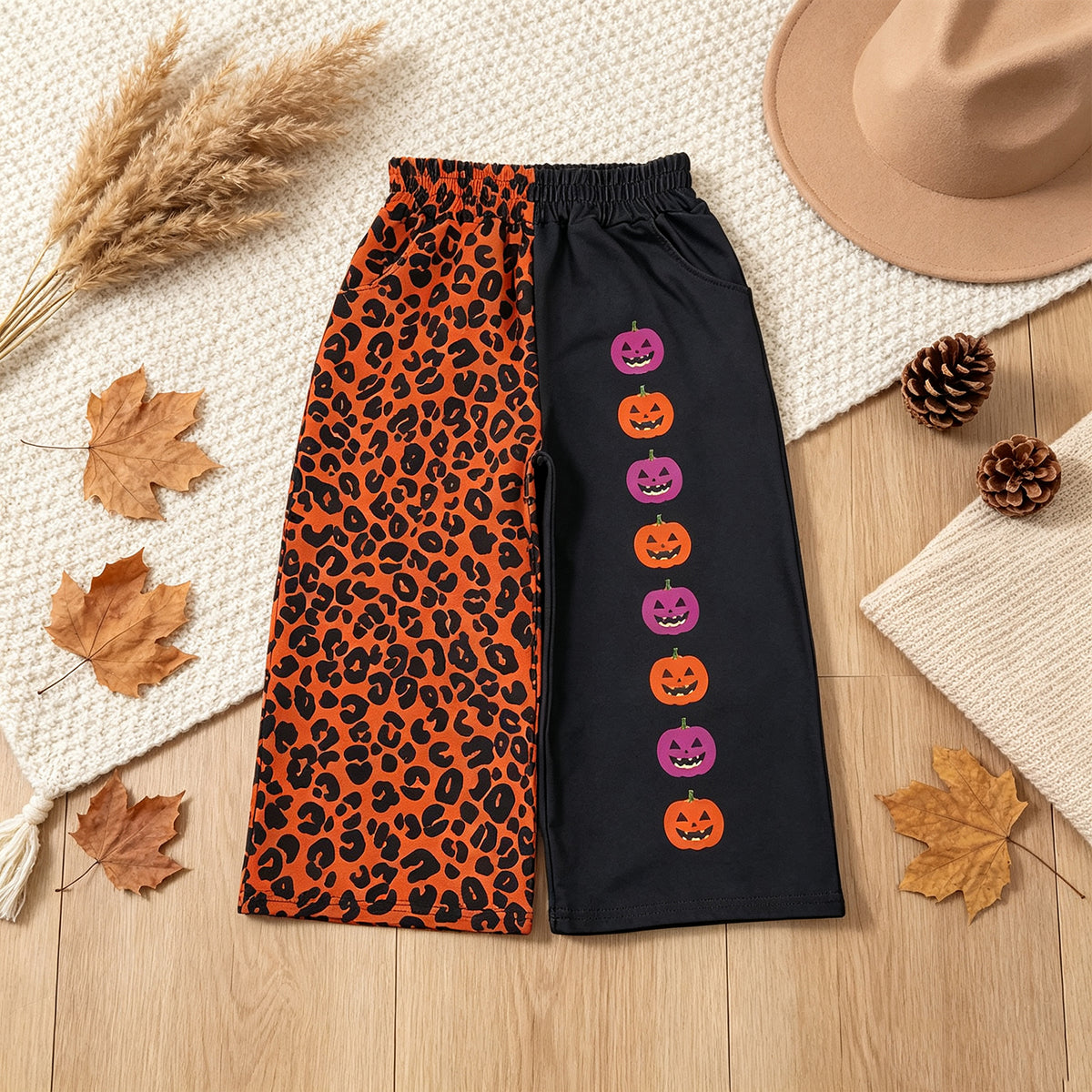 RTS NO MOQ （In stock）milk silk P1136 Baby Girls Ghost Pumpkins Leopard Halloween Pockets Flare Pants Bottom