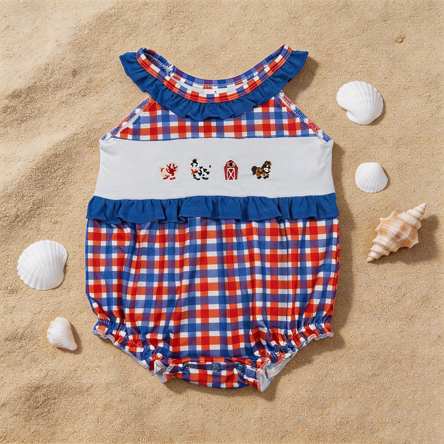 SR3835 RTS NO MOQ （In stock）Blue ruffle farm embroidery plaid baby girl romper