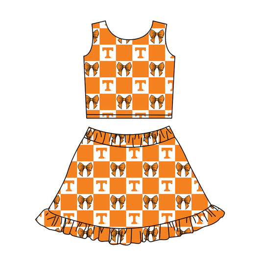 CUSTOM MOQ 5 Kids Clothing for Girls Baby Girls Orange T Bow Plaid Top Skirts Yoga Active Team Clothes Sets