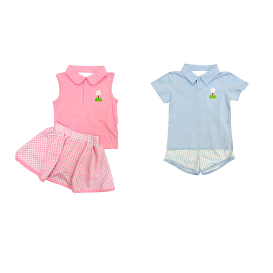 Kids Pink Golf Polo Shirt Plaid Skirts Outfit Set Girls Preppy Clothing Set Summer 2025 Trendy Children's Fashion