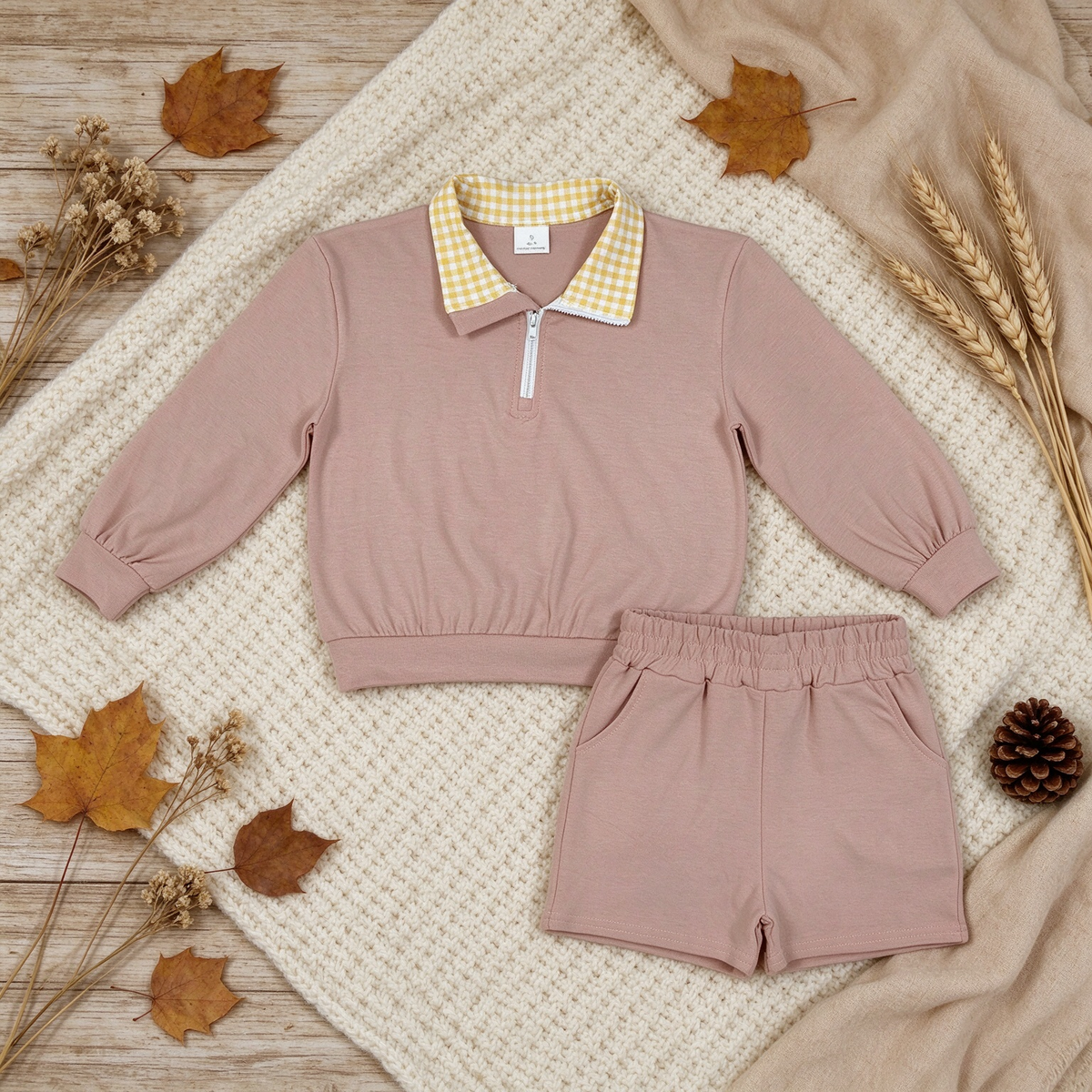 RTS NO MOQ （In stock）cotton GLS0227 Baby Girls Khaki Long Sleeve Zip Front Pullover Side Pockets Short Clothes Set