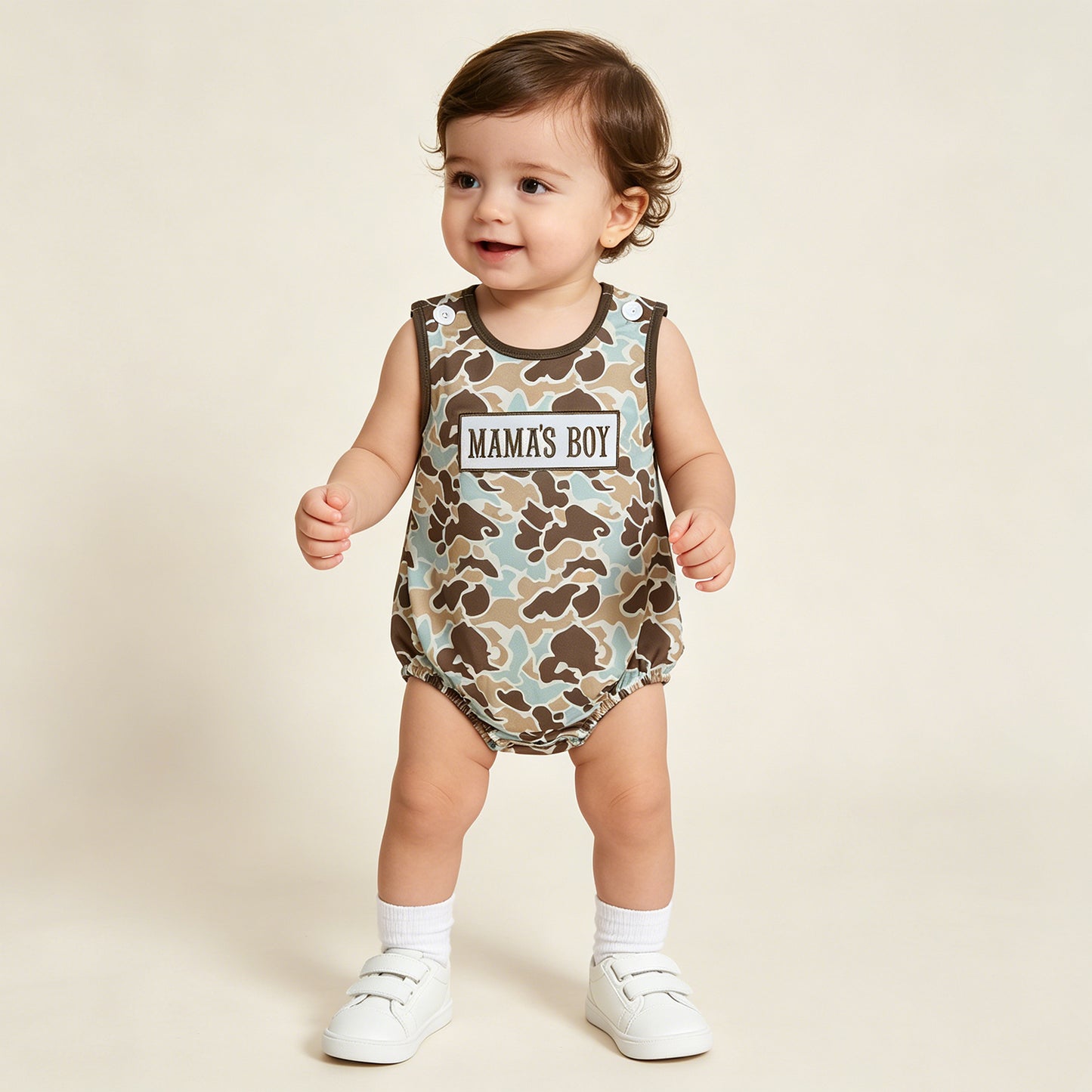 SR3907 RTS NO MOQ （In stock）Sleeveless camo mama's boy embroidery baby romper