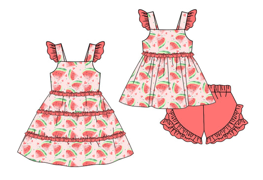 Baby Girls Watermelon Heart Tunic Ruffle Shorts Clothing Set and Suspender Dress