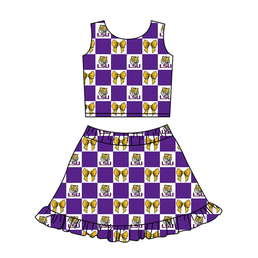 CUSTOM MOQ 5 Kids Clothing for Girls Baby Girls Purple Bow Top Skirts Yoga Active Team Clothes Sets