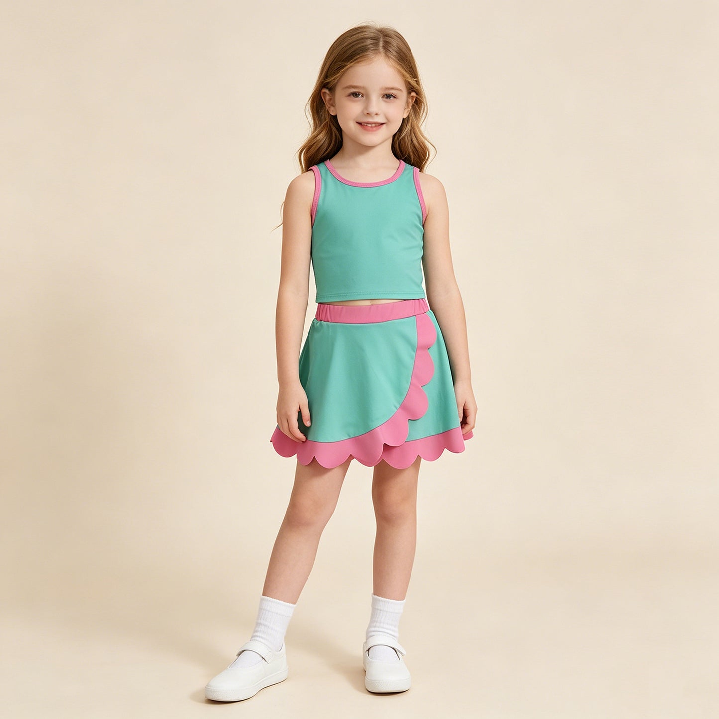 GSD4012 RTS NO MOQ （In stock）Baby Girls Sleeveless Light Blue Vest Scallop Skirt Short Yoga Active Clothes
