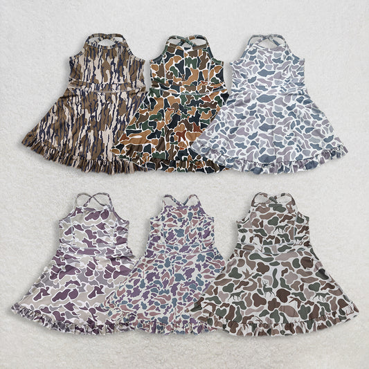 3.2 RST Clothes Sibling Baby Girls Summer Strap Western Camo Print Yoga Activity Wear Ruffle Knee Length Dresses