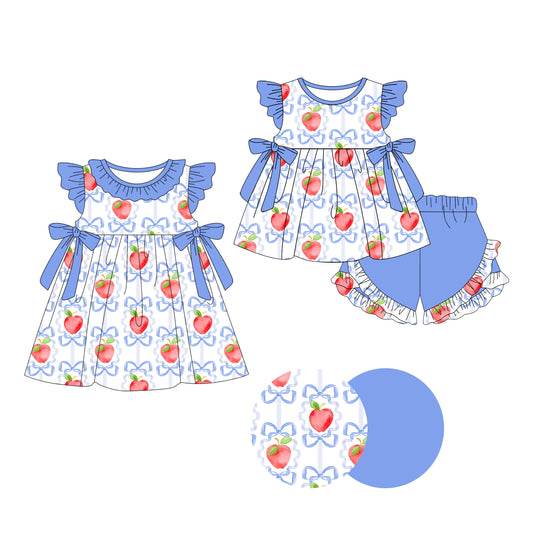 Baby Girls Blue Flutter Sleeves Bows Plaid Apples Tunic Ruffle Shorts Set